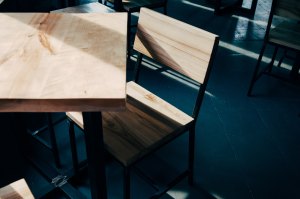 Table and chair in an exam hall