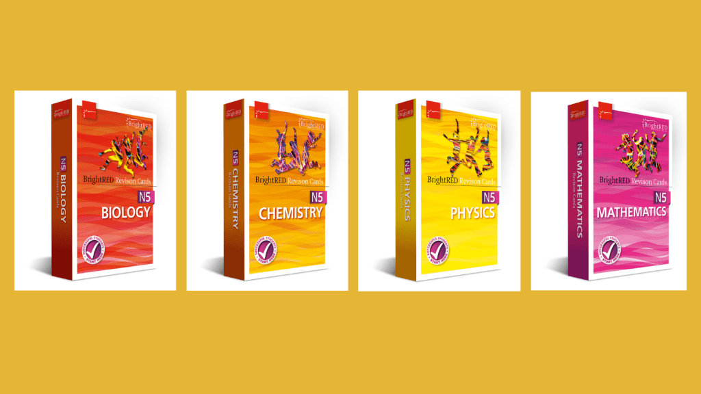 Image of our Revision Cards (the jacket covers which are red for Biology, orange for Chemistry, yellow for Physics and purple for Mathematics and all have jumping outlines of students on them).